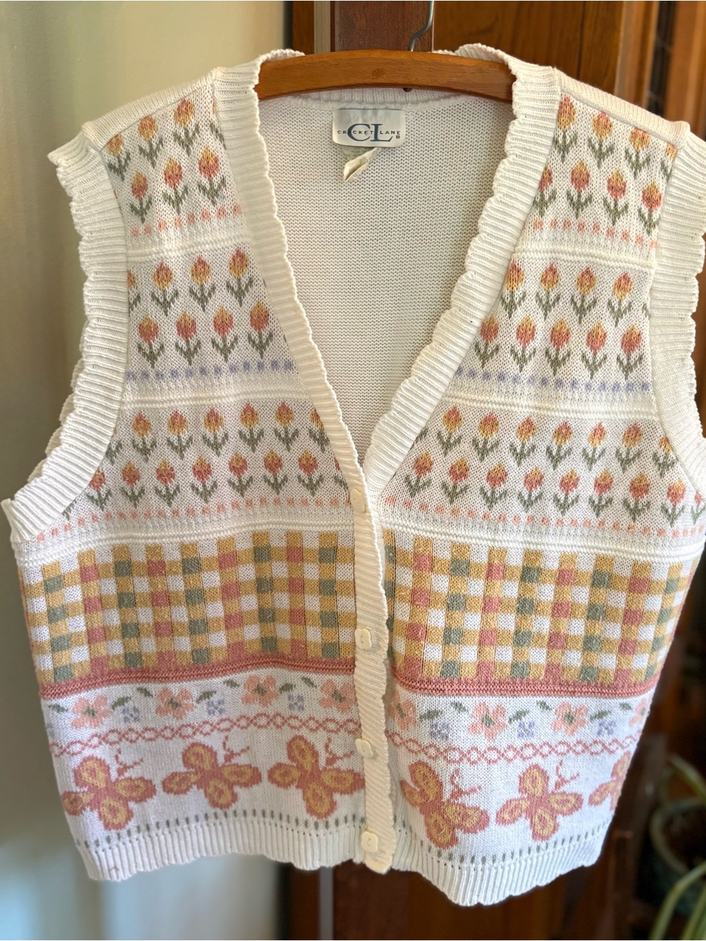 CO ILANA Cream Floral Knit Button-Up Vest